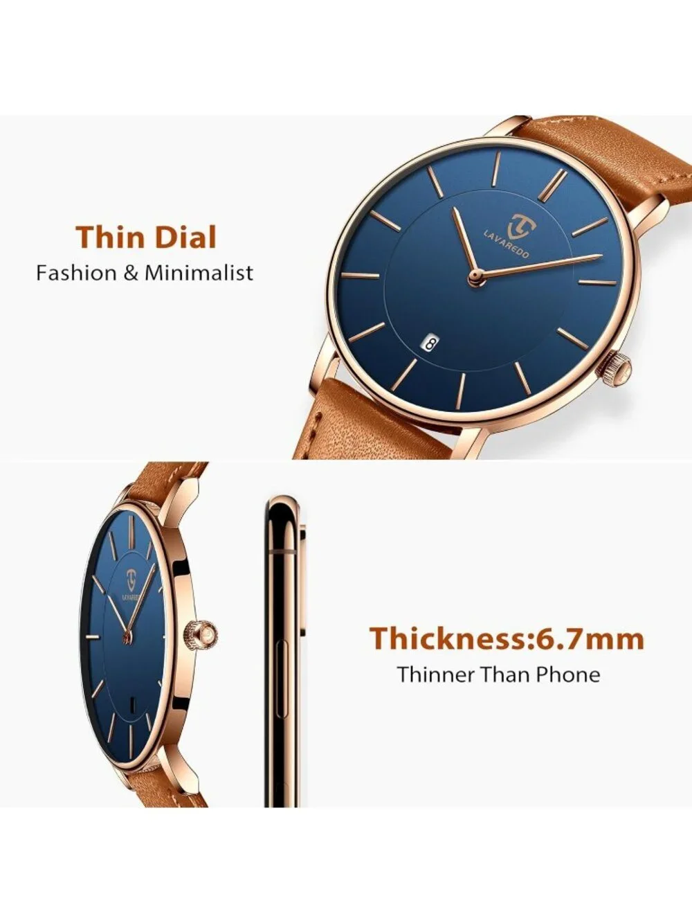 Men's Blue Dial Leather Strap Analog Minimalist Fashion Simple Round Wrist Watch